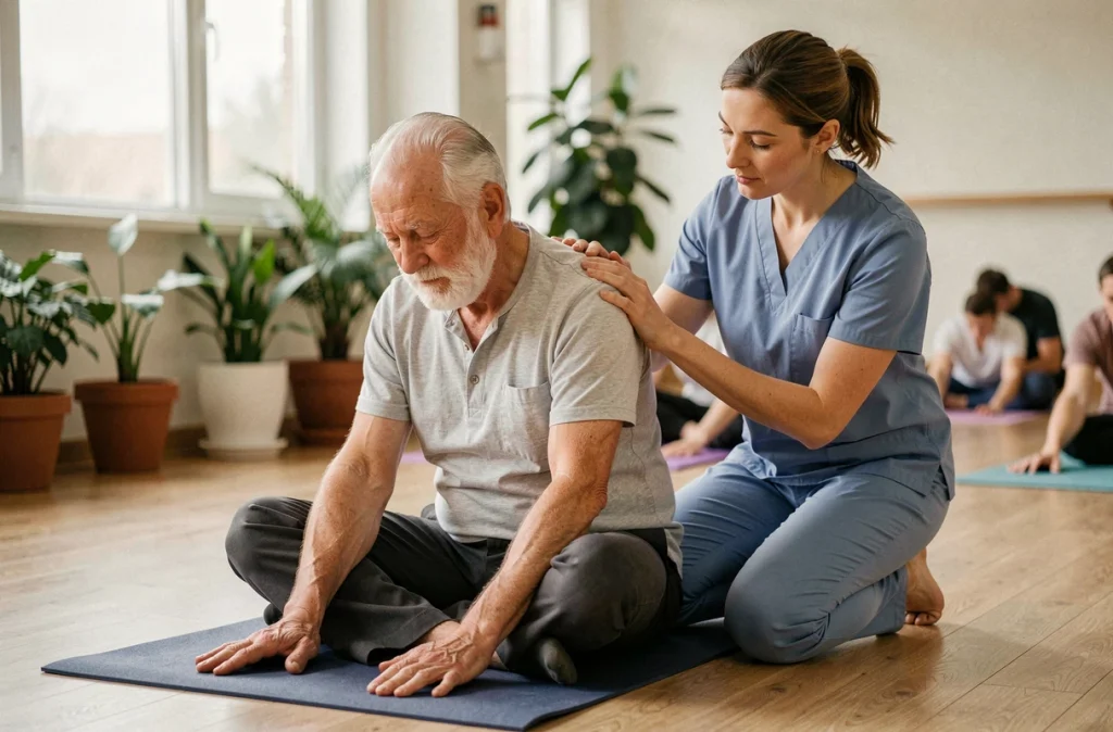 Senior homme pratiquant le yoga adapté accompagné d'une kinésithérapeute dans un centre communautaire, activité physique douce pour personnes âgées
