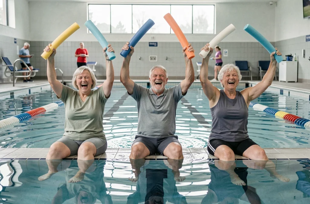 Groupe de seniors en cours d'aquagym dans une piscine municipale, activité physique adaptée favorisant le lien social et le bien-être