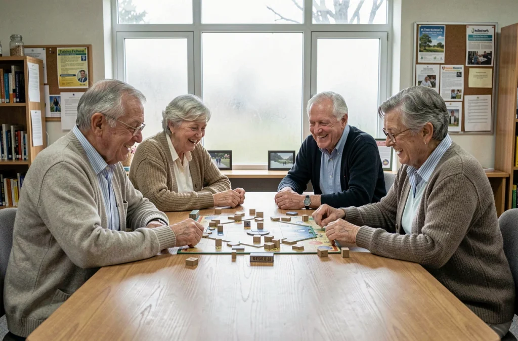 Un groupe de seniors jouant à un jeu de société dans un centre communautaire, symbolisant le rôle des activités collectives dans le bien-être mental des personnes âgées