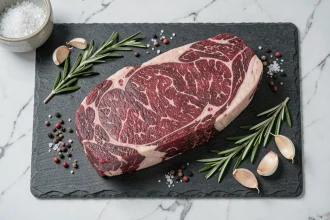 Steak de bœuf maigre cru sur ardoise avec romarin et ail pour un programme minceur sain