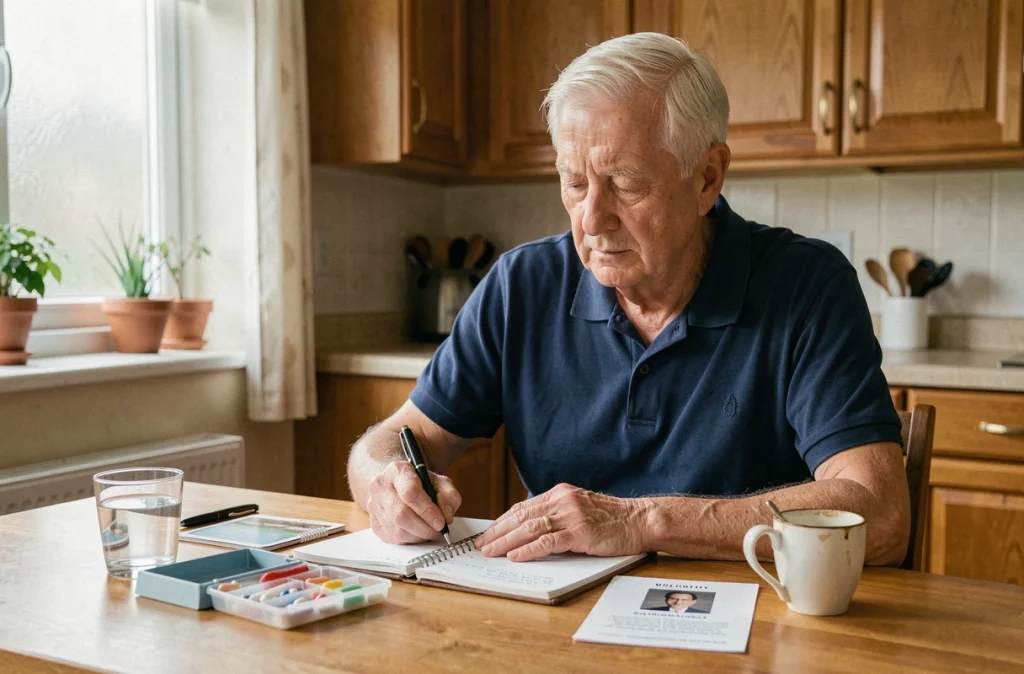 Patient âgé gérant son suivi médical pour leucopathie vasculaire à domicile avec carnet de santé et pilulier