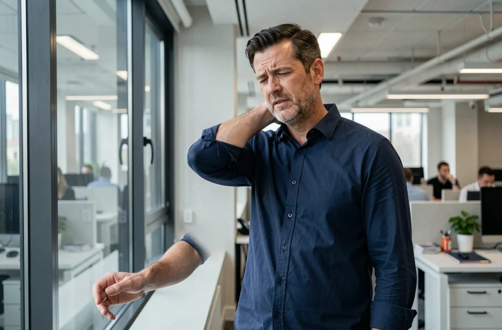 Homme en bureau moderne touchant sa nuque douloureuse avec des fourmillements dans la main droite