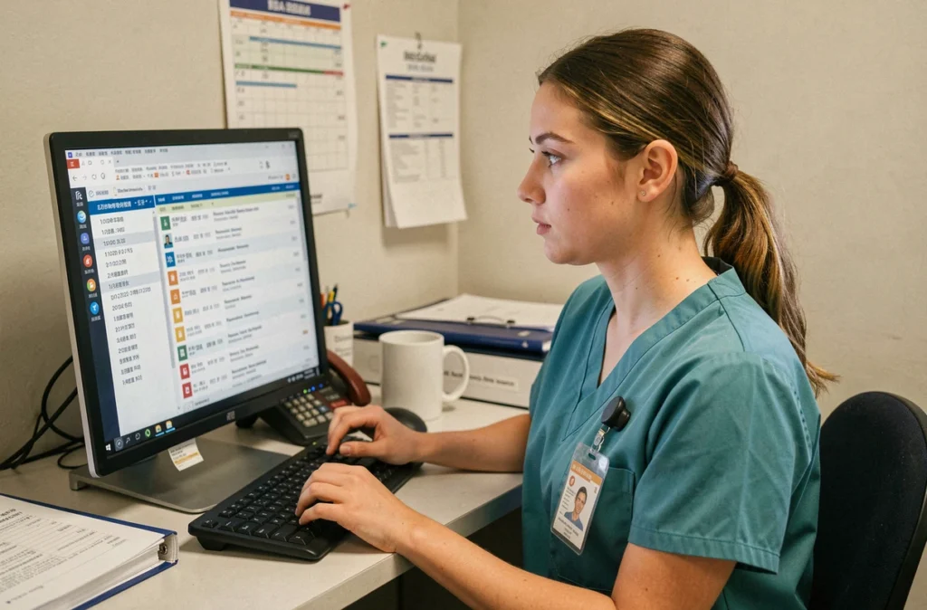 Infirmière consultant le journal de traçabilité des actes médicaux sur un poste informatique de soins
