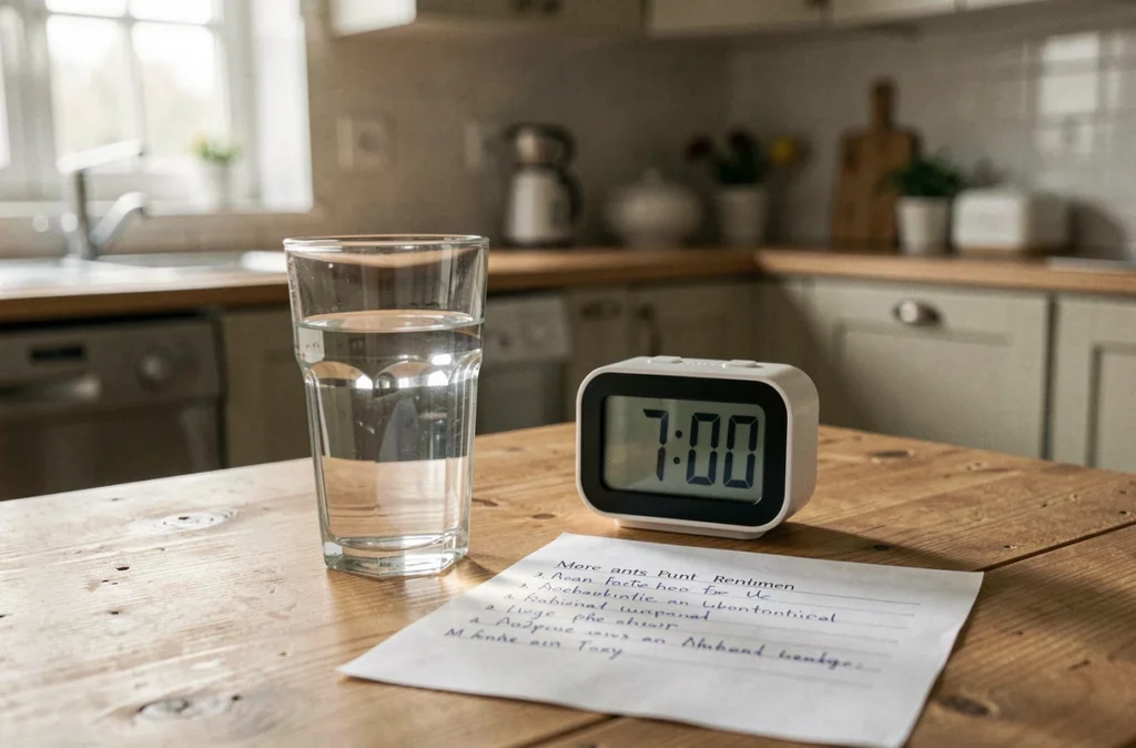 Verre d'eau et réveil sur une table de cuisine rappelant les consignes de jeûne avant une échographie