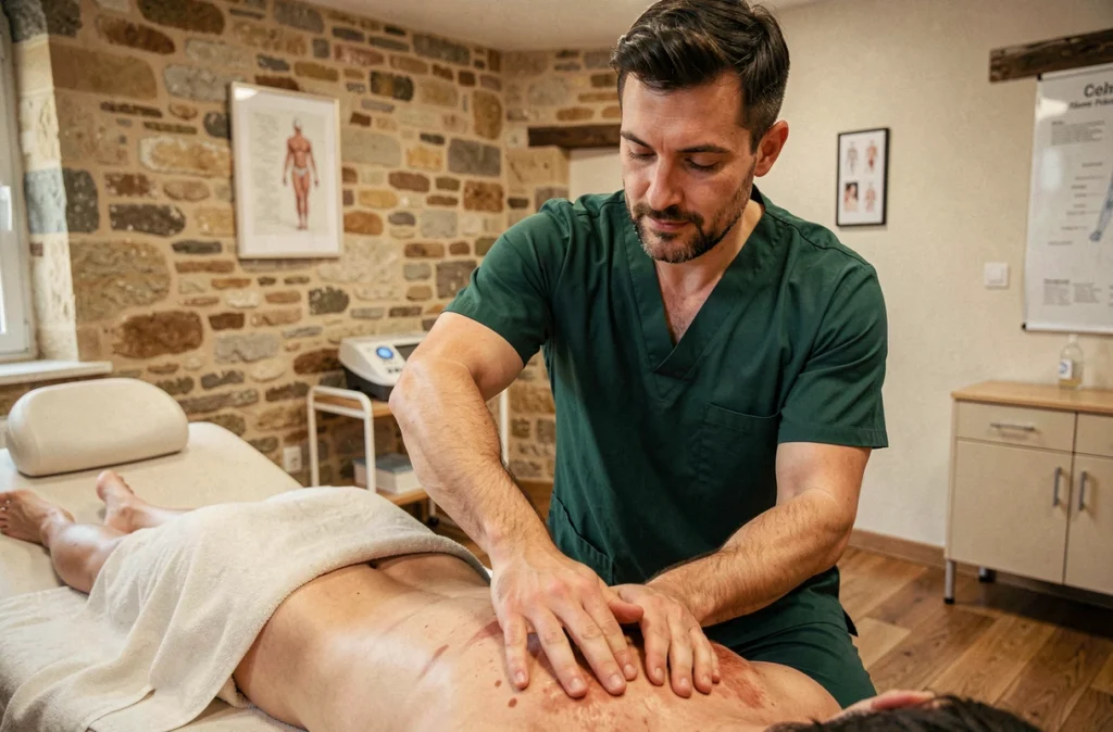 Abdelghani Lemniai, kinésithérapeute à Saint-Privat-des-Vieux, réalisant un massage des tissus profonds sur le dos d'un patient