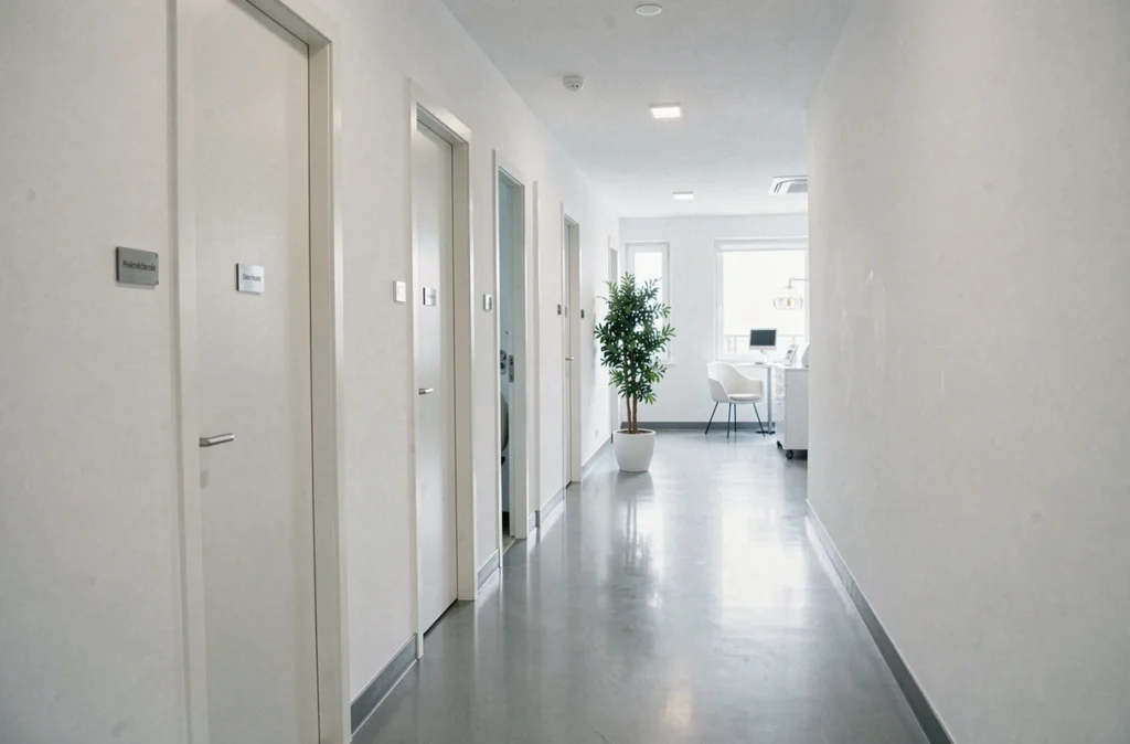 Couloir professionnel du cabinet dentaire du Dr Lenoble Traore avec portes de salles de soins et espace d'attente