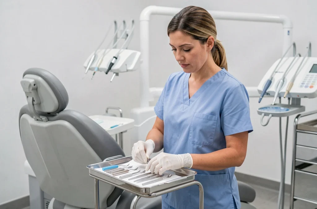Hygiéniste dentaire préparant les instruments dans la salle de soins du Centre Dentaire Evreux Dentego