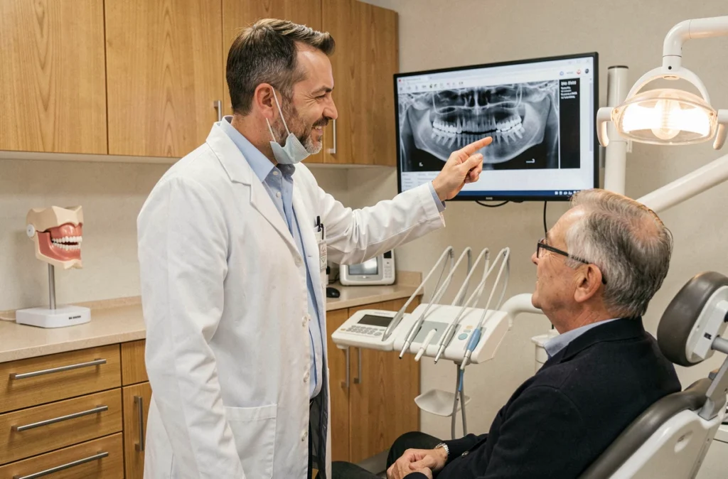 Dentiste du Centre Dentaire du Nord à Evreux expliquant un implant dentaire à un patient via une radiographie