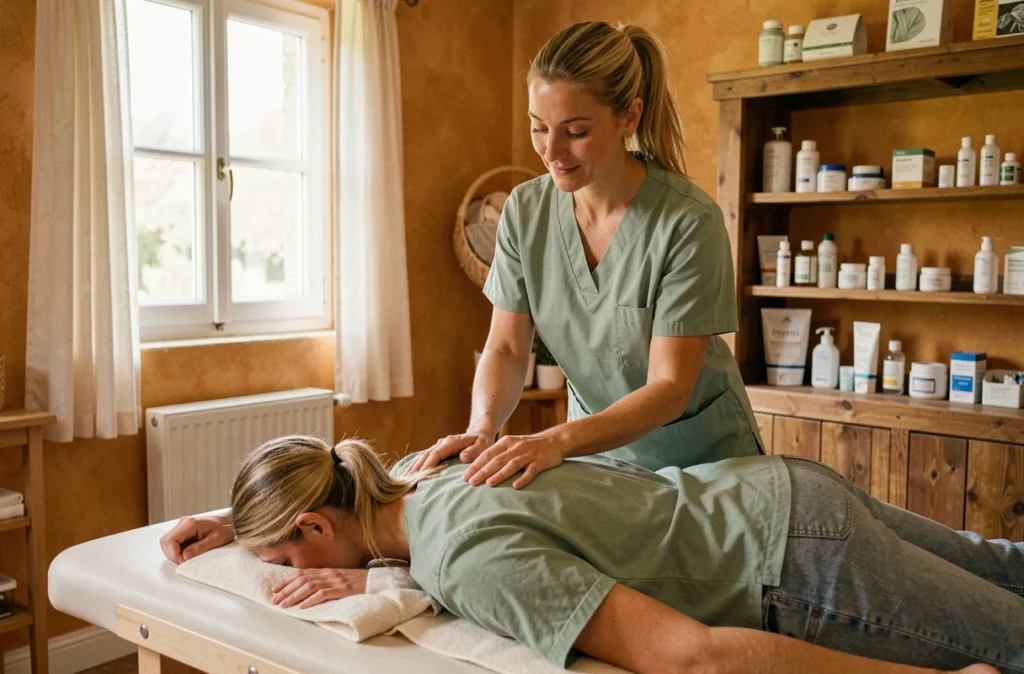 Coralie Bussy, kinésithérapeute à Congénies, réalisant un massage thérapeutique du bas du dos