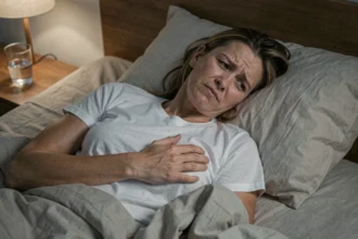 Femme réveillée la nuit tenant son côté droit sous les côtes, allongée dans son lit avec une expression de douleur