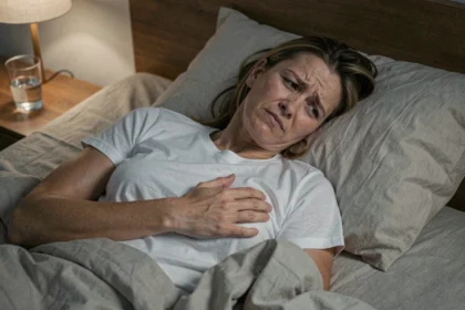 Femme réveillée la nuit tenant son côté droit sous les côtes, allongée dans son lit avec une expression de douleur