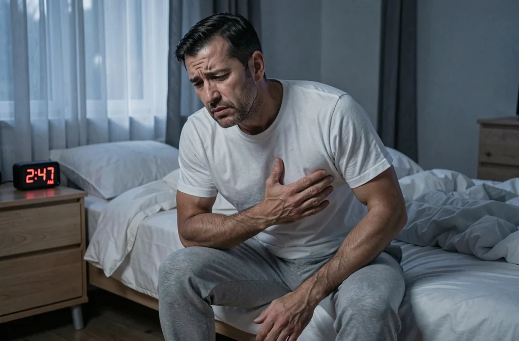 Homme assis au bord du lit la nuit avec une douleur sous les côtes gauches, expression douloureuse visible