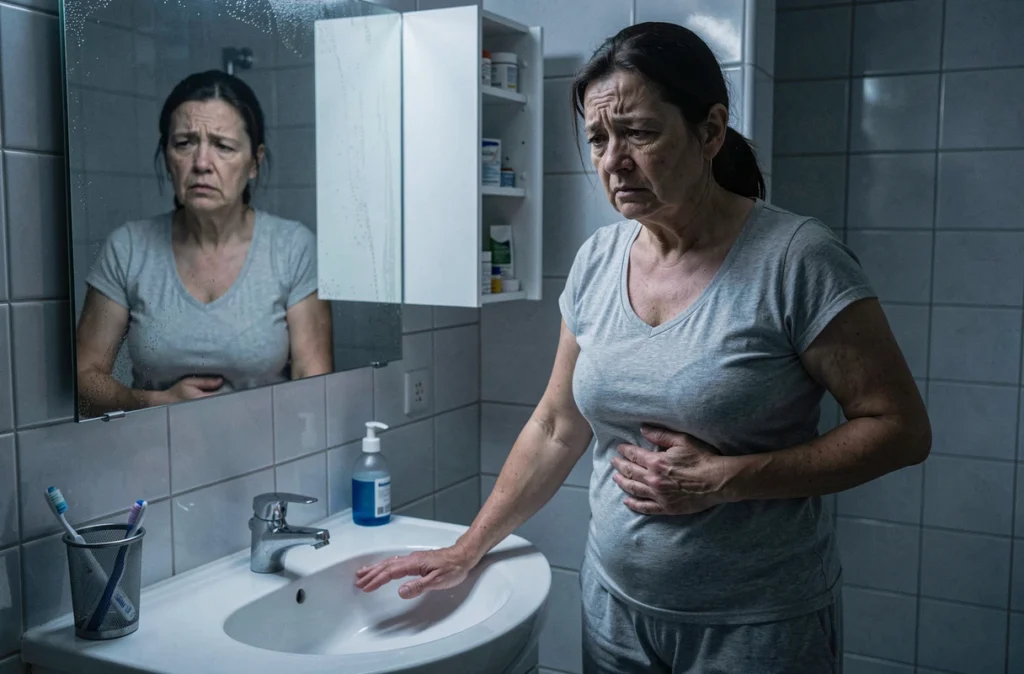 Femme debout dans la salle de bain la nuit tenant son côté sous les côtes, fatigue et douleur visibles dans le miroir