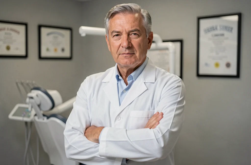 Portrait professionnel du Dr Daniel Smeu, dentiste expérimenté en blouse blanche devant sa salle de soins