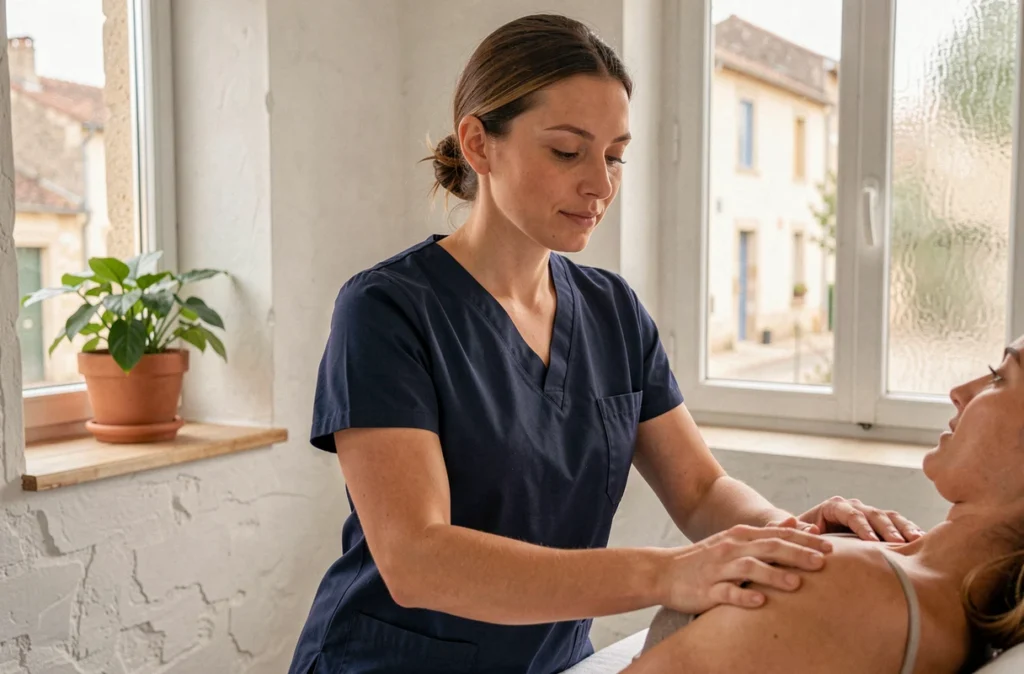 Manon Teissier, kinésithérapeute à Lédignan, réalisant un soin manuel sur l'épaule d'un patient