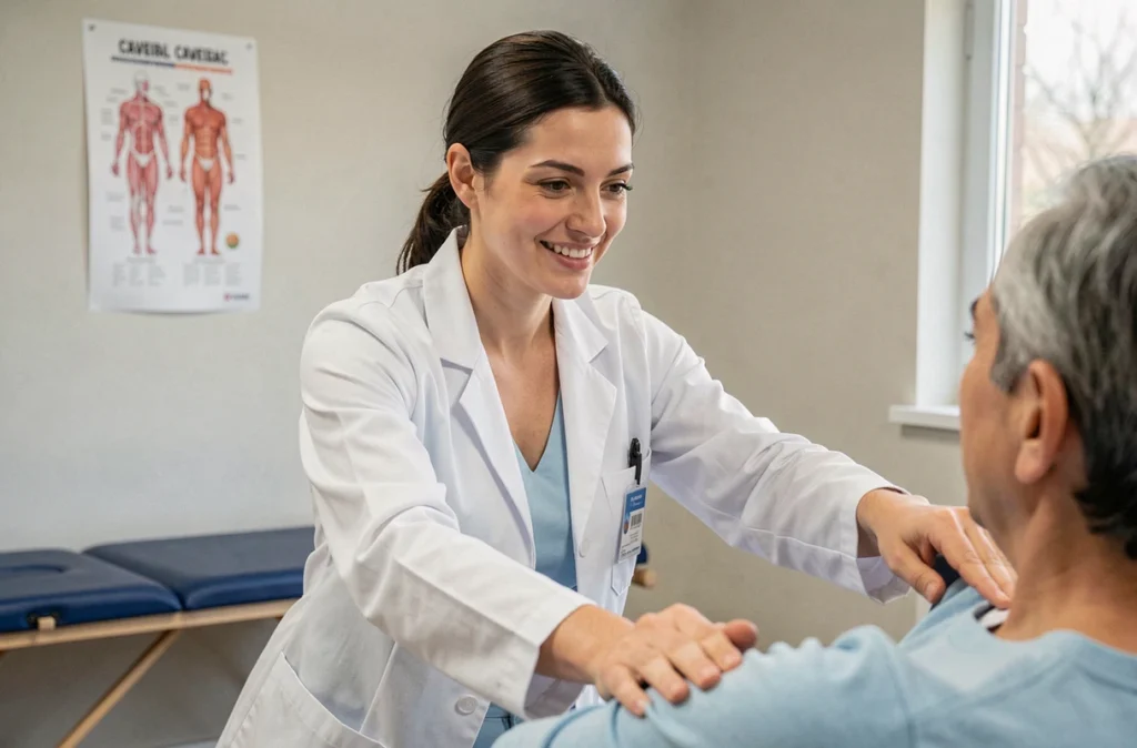 Mathilde Anselme, kinésithérapeute à Caveirac, guidant un patient dans un exercice d'étirement