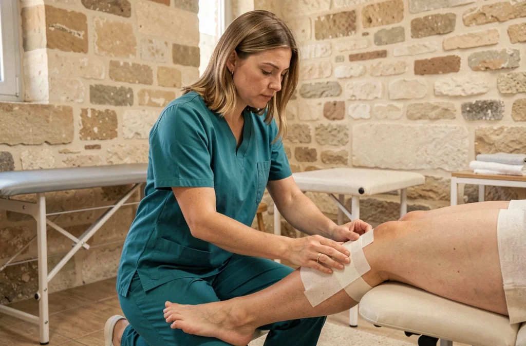 Mathilde Valhier, kinésithérapeute à Rochefort-du-Gard, posant un bandage thérapeutique sur le genou d'un patient