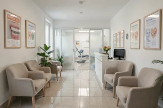 Salle d'attente moderne d'un cabinet dentaire dans l'Eure avec des chaises confortables et un accueil soigné