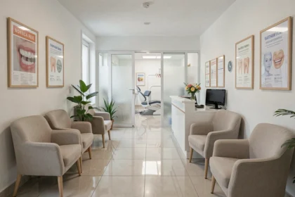 Salle d'attente moderne d'un cabinet dentaire dans l'Eure avec des chaises confortables et un accueil soigné