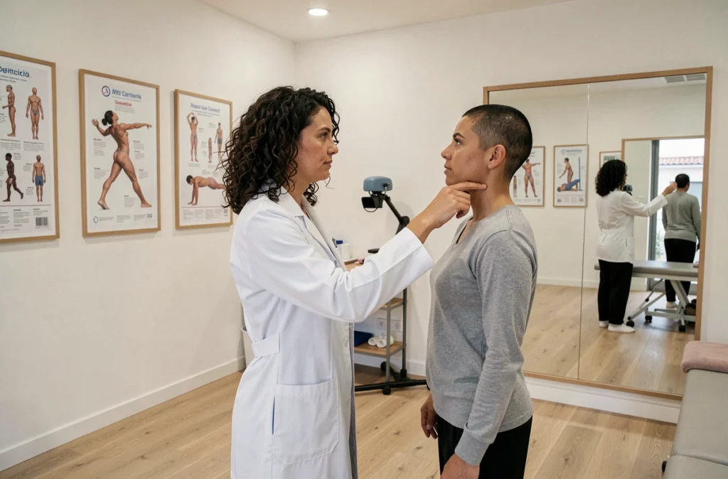 Pauline Segura, kinésithérapeute à Nîmes, effectuant une évaluation posturale sur un patient debout