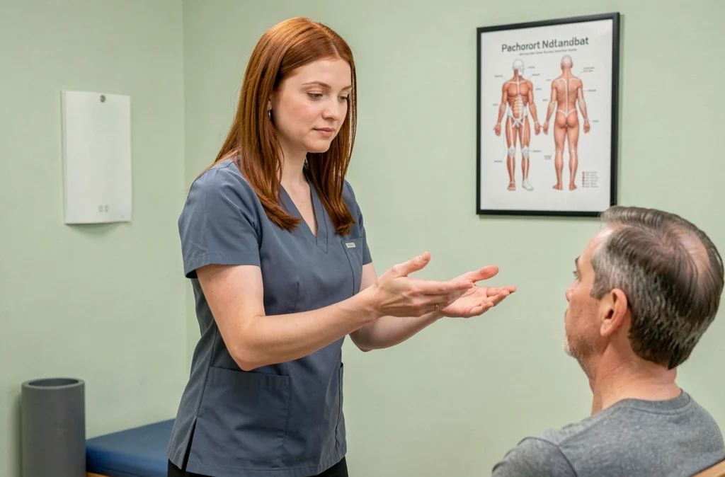 Valentine Potier, kinésithérapeute à Uchaud, démontrant un exercice de rééducation à une patiente assise