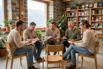 Groupe d'adultes participant à un atelier de développement personnel en Isère, assis en cercle dans un espace moderne avec vue sur les montagnes