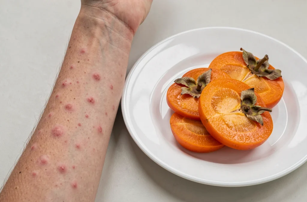 Avant-bras avec des rougeurs à côté d'une assiette de kaki coupé