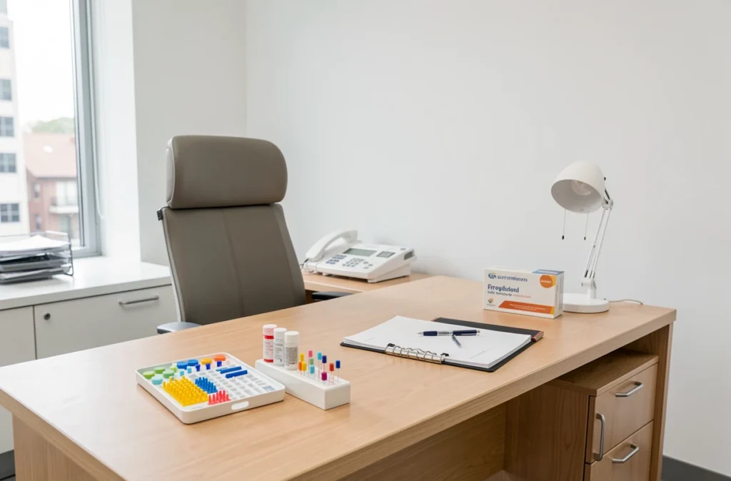 Cabinet d'allergologue avec matériel de tests cutanés sur le bureau