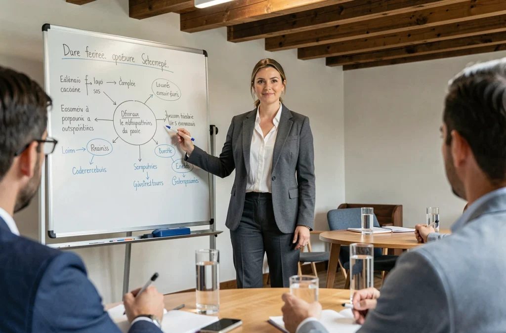 Formatrice animant un atelier de développement personnel dans une salle de séminaire en Isère, devant un tableau blanc avec carte mentale